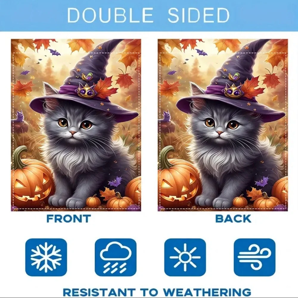 Garden Flag, 12”x18”, Halloween Witch Cat, Burlap Polyester Doublesided